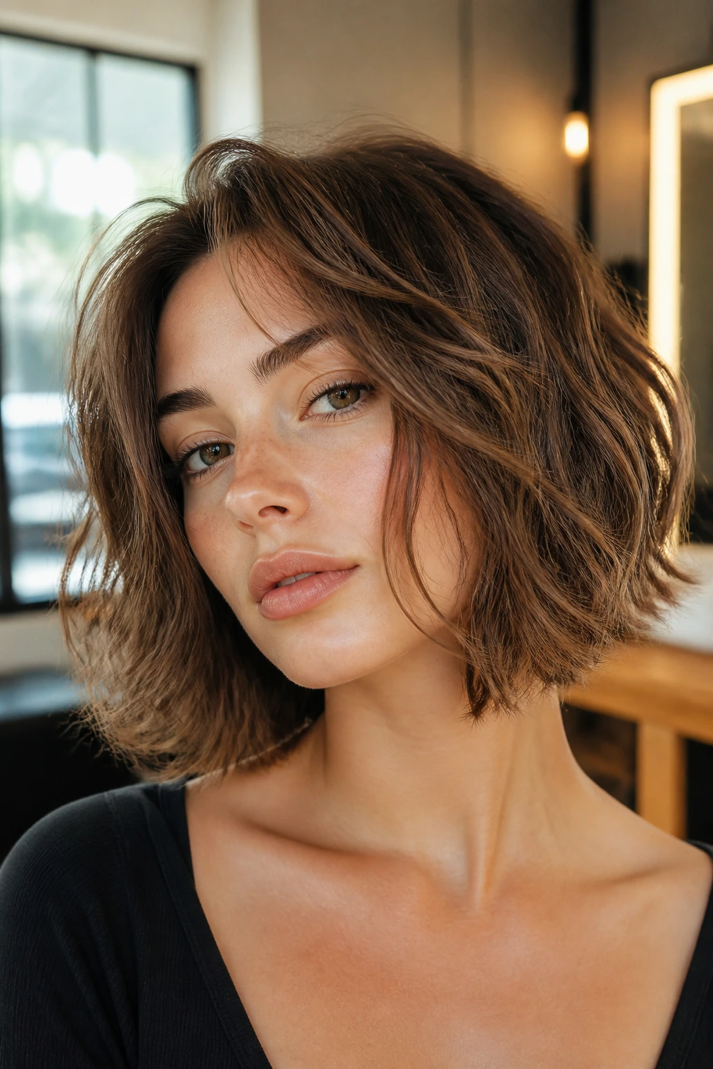Close-up of Razored Lob with Piecey Layers on a real person with razor texture and piecey layers