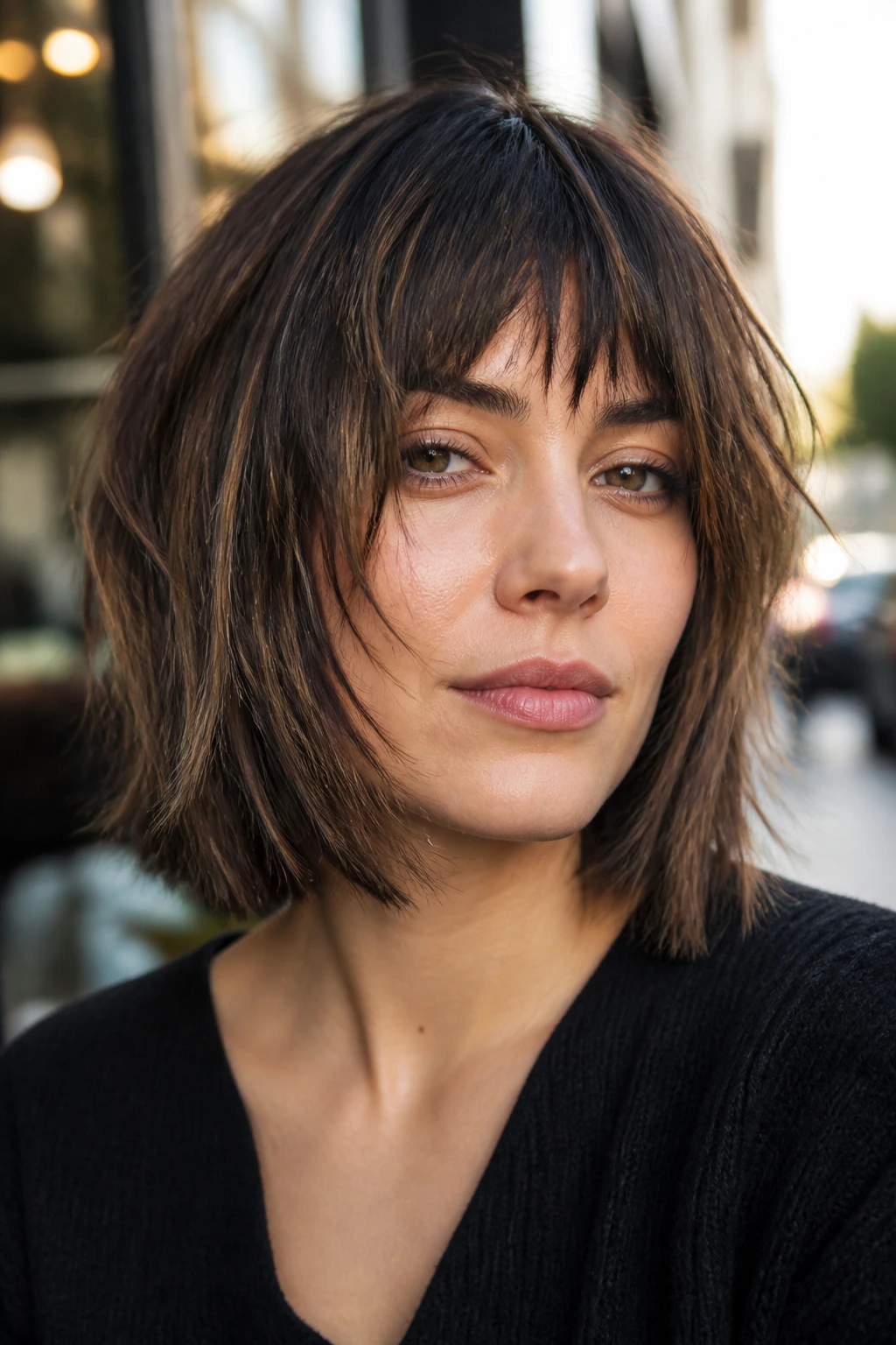 Real woman with razored lob and shattered fringe in cafe-window light