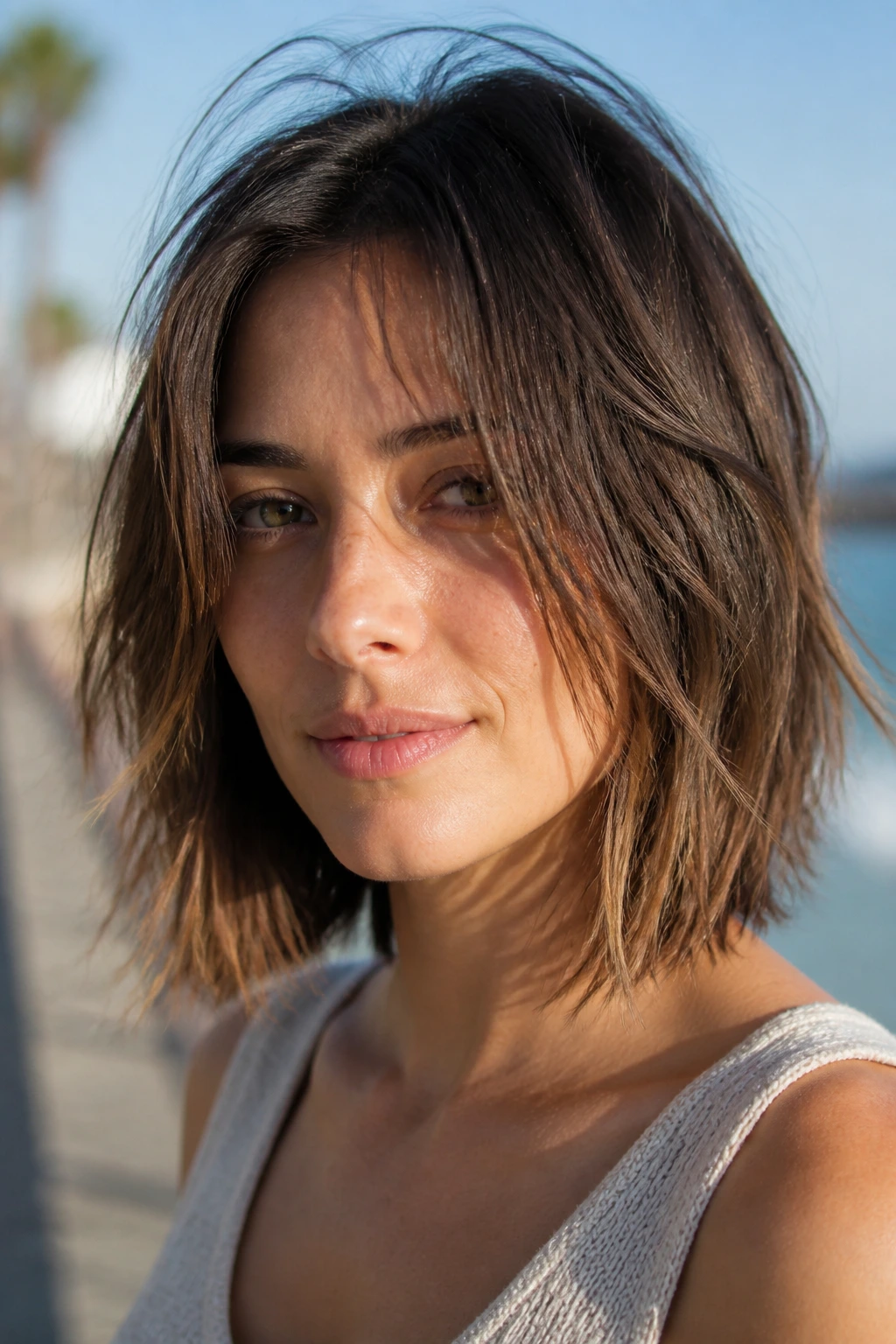 Close-up portrait of a real woman with a razored lob and separated ends in outdoor light