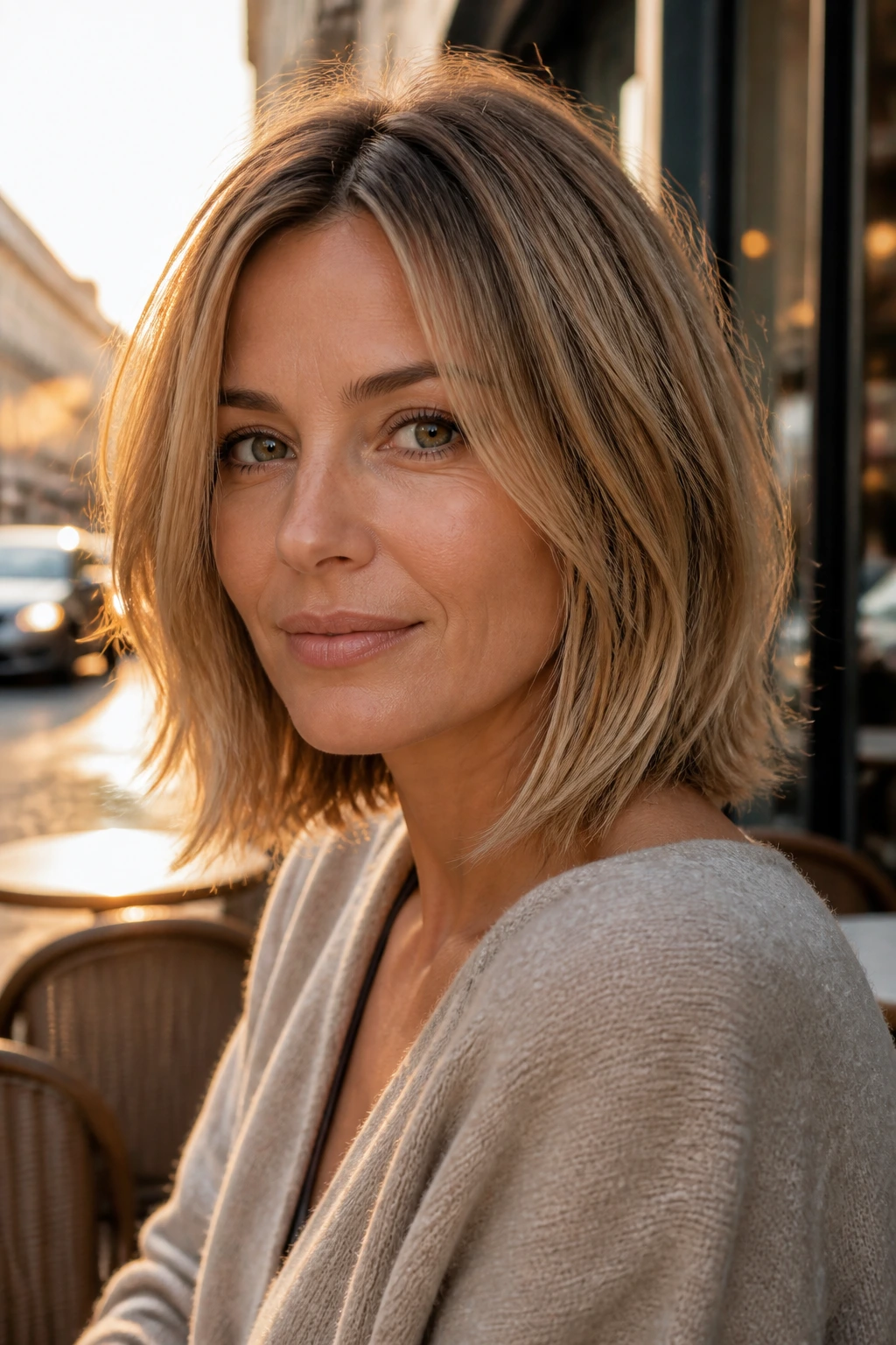 Close-up of a real woman with a soft razored lob and textured ends.