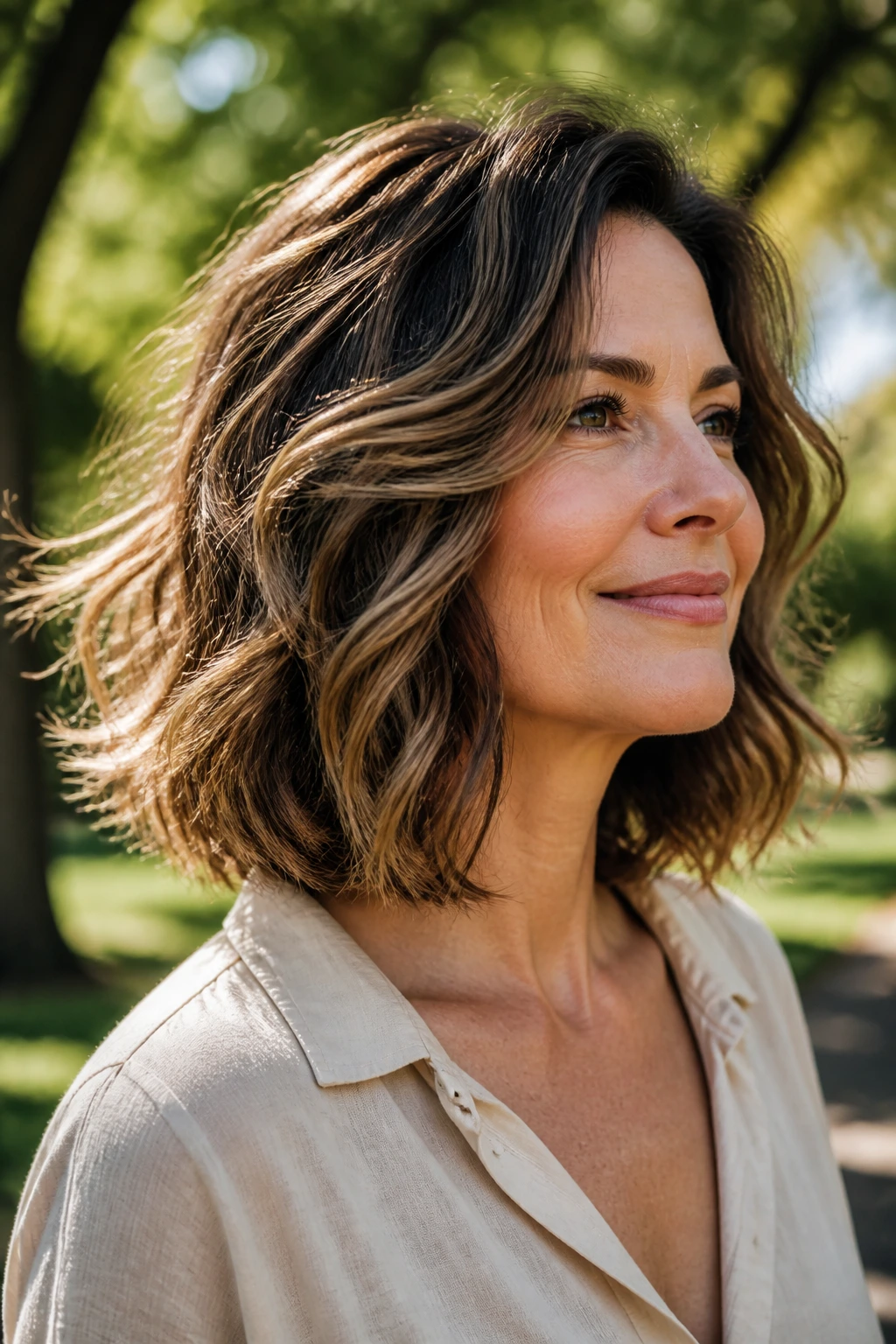 Portrait of a real woman with a razored lob on thick hair in a park