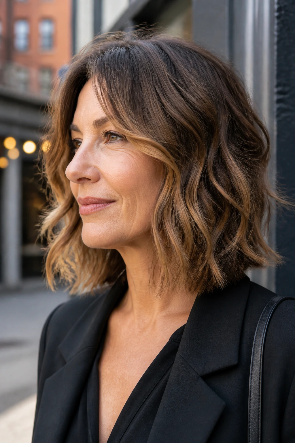 Side portrait of a real person with a razored lob and broken waves