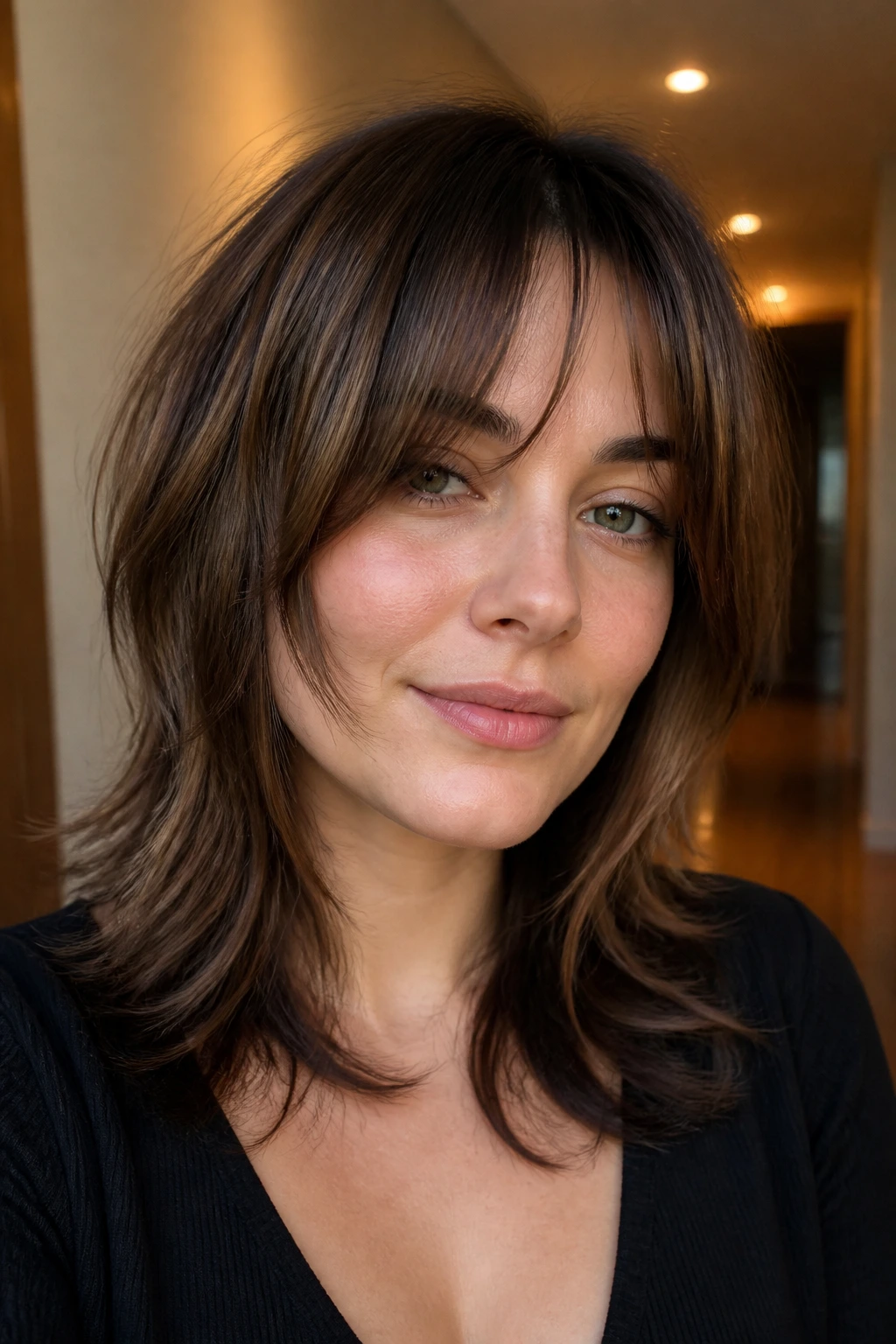 Close-up of real woman with razored midi cut and loose bangs