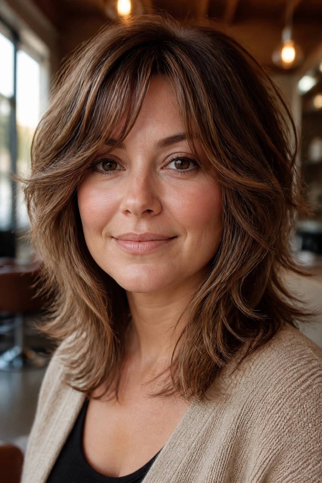 Close-up of a real woman with Razored Midi Layers and airy ends framing the cheeks