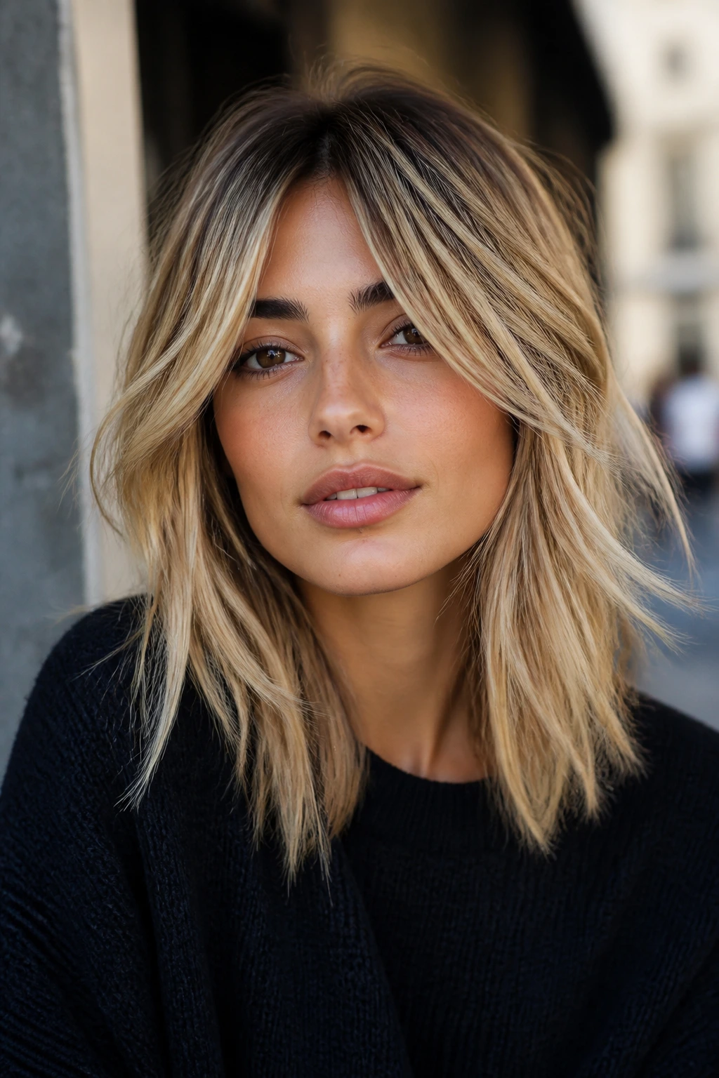 Real woman with razored midi cut and textured blonde pieces
