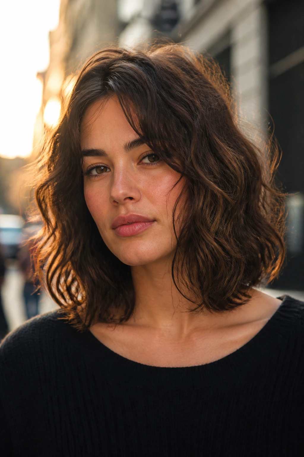 Close-up of a real woman with dense waved hair and a soft razored midi cut at collarbone