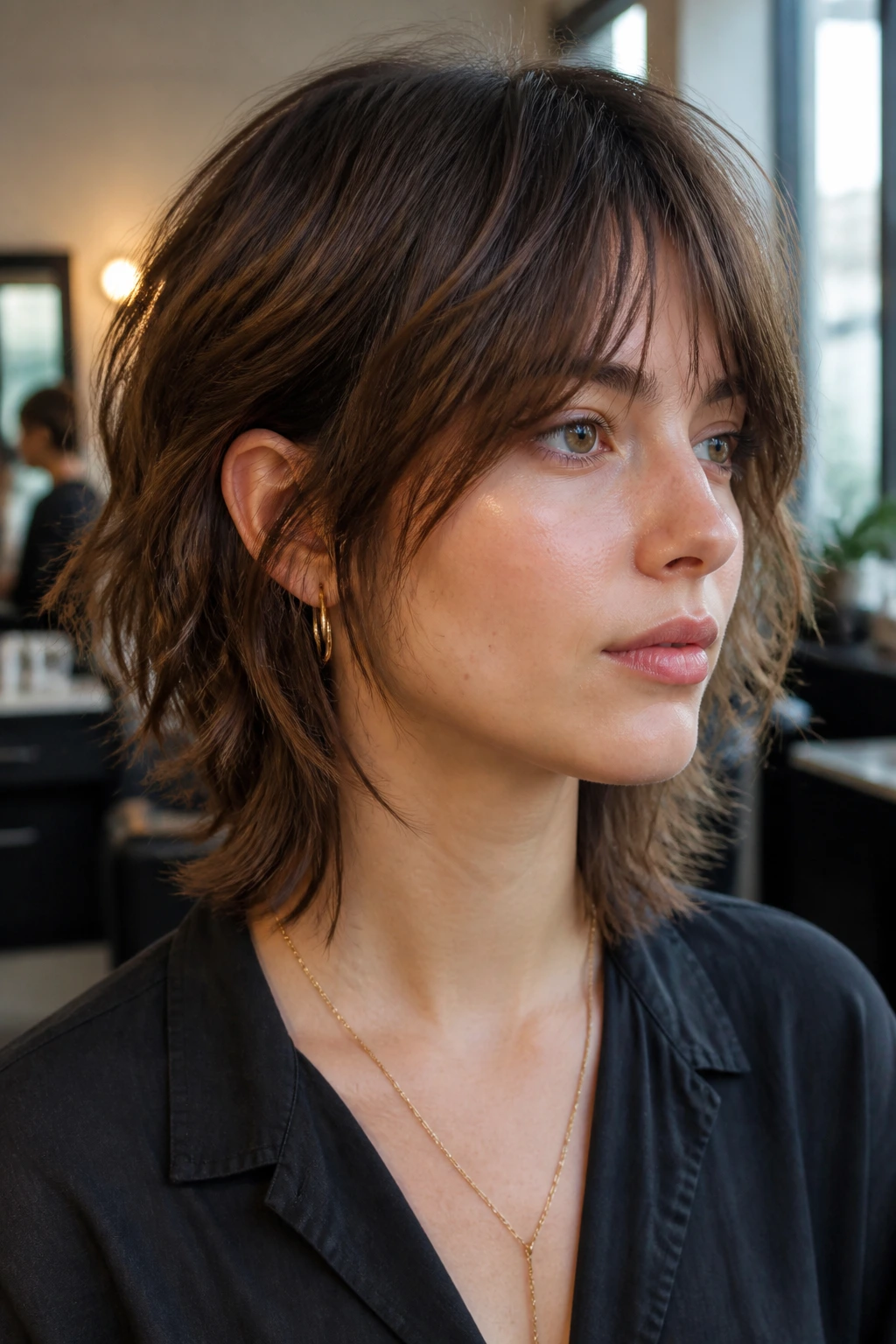 Close-up portrait of a real person with Razored Midlength Crop and curtain bangs in a warm salon setting