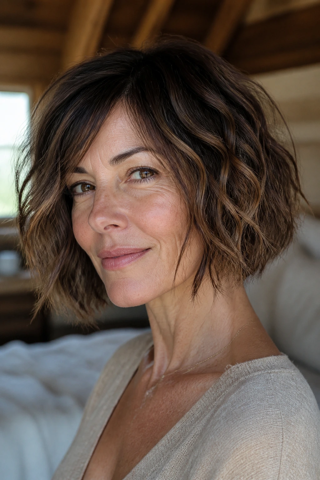 Close-up portrait of a real woman with a razored piecey bob for thick waves
