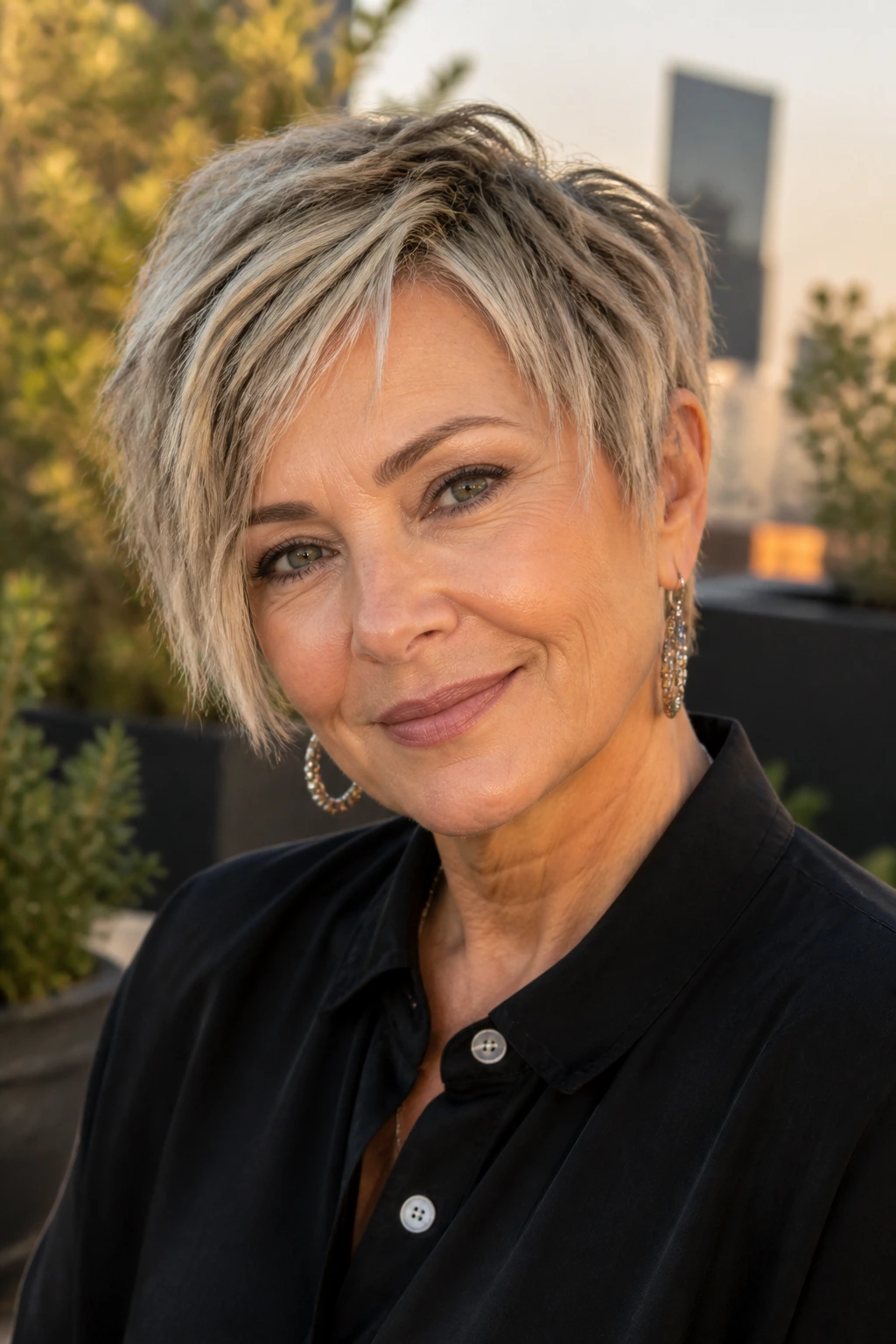 Close-up of a real woman with razored pixie bob in golden hour light