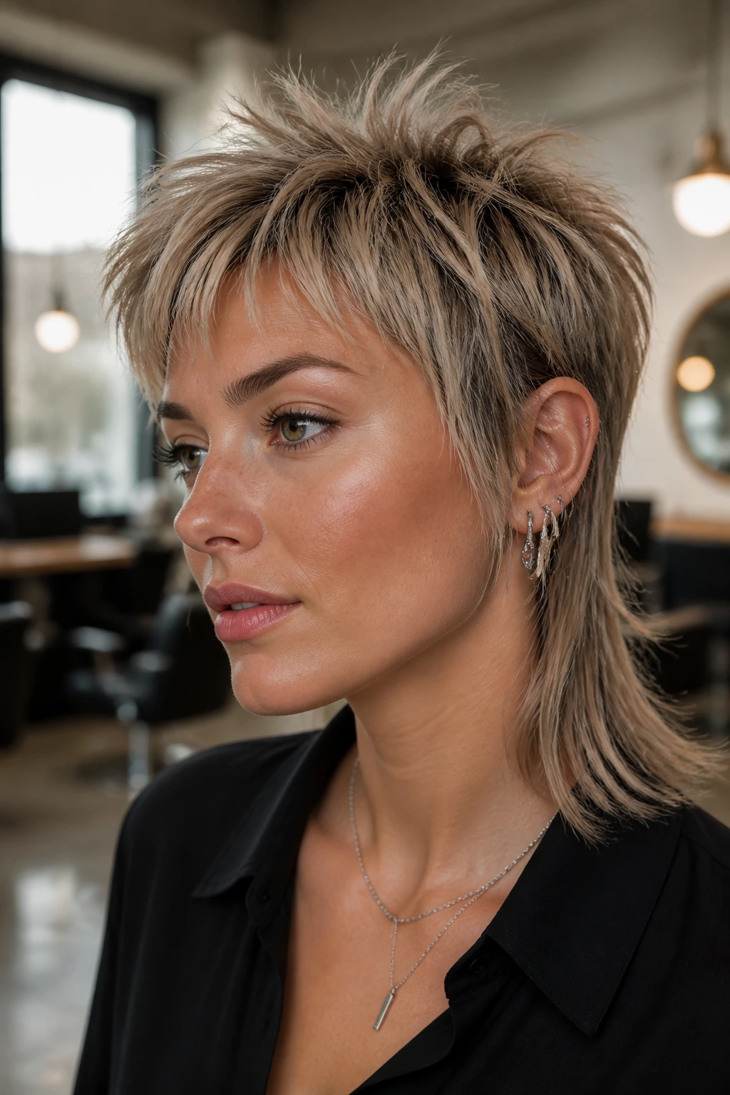 Close-up portrait of a real woman with razor-cut pixie mullet showing piecey ends and lifted crown