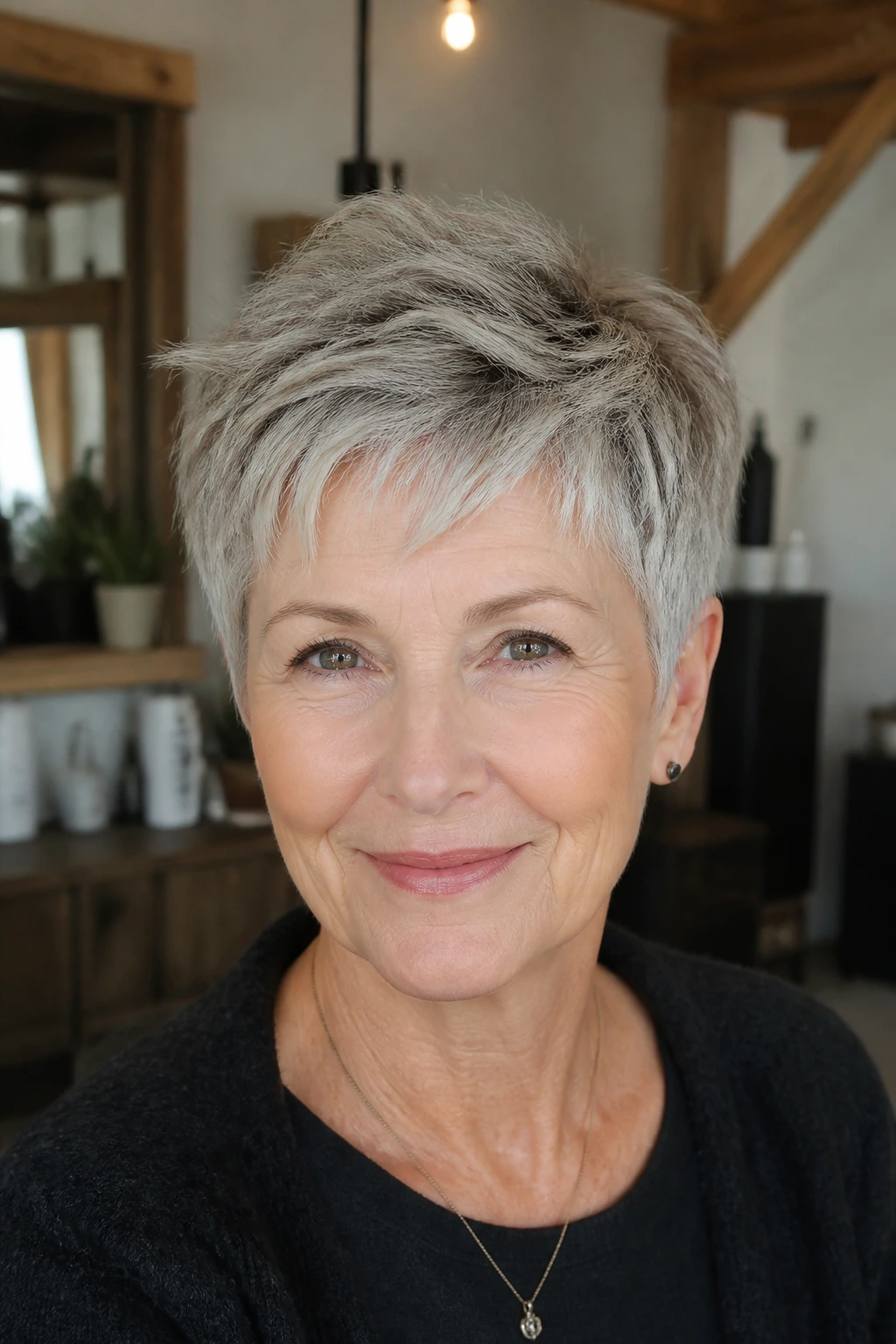 Close-up of a woman with a razor-cut pixie showing textured ends