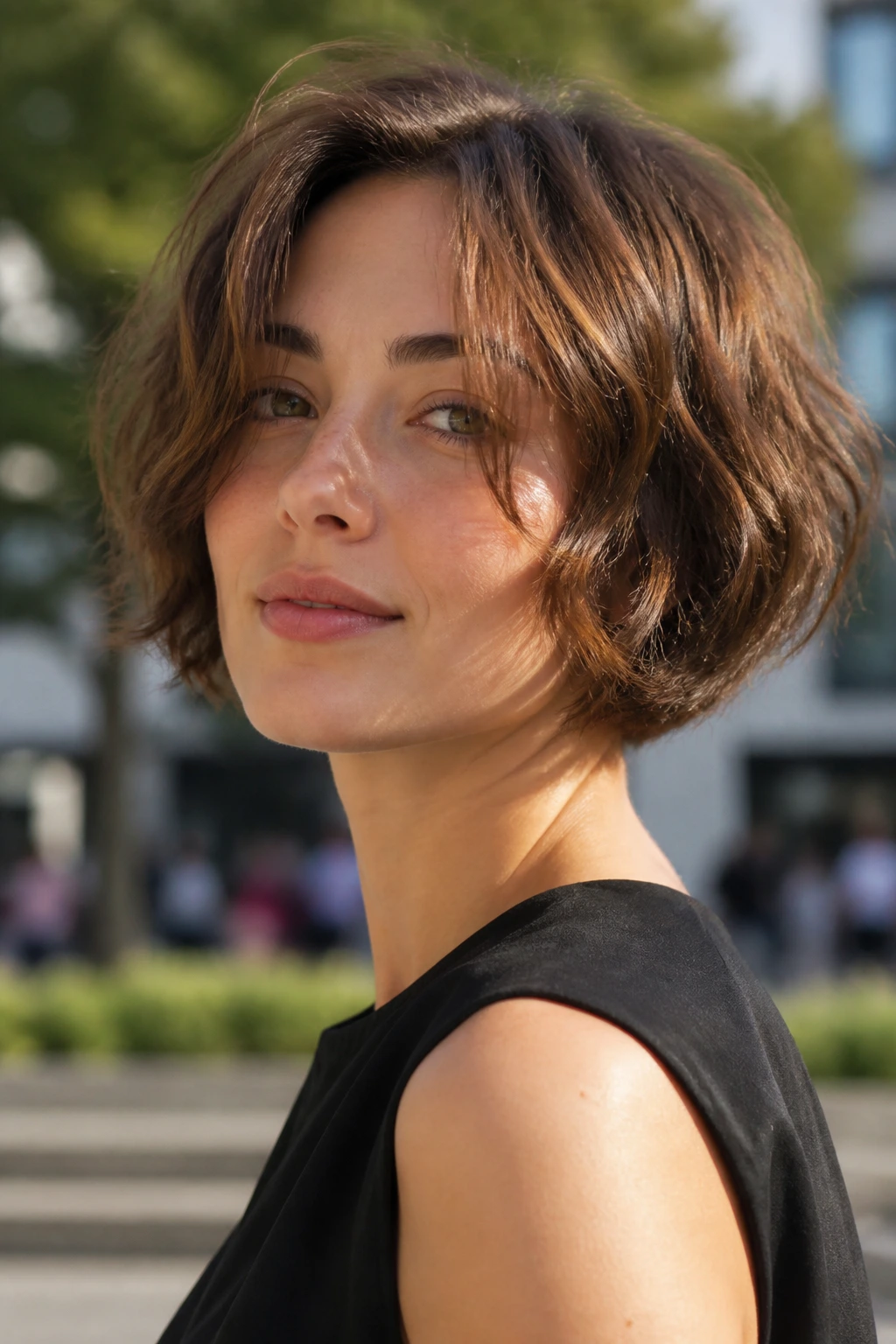 Close-up of a woman with a razored round bob in daylight