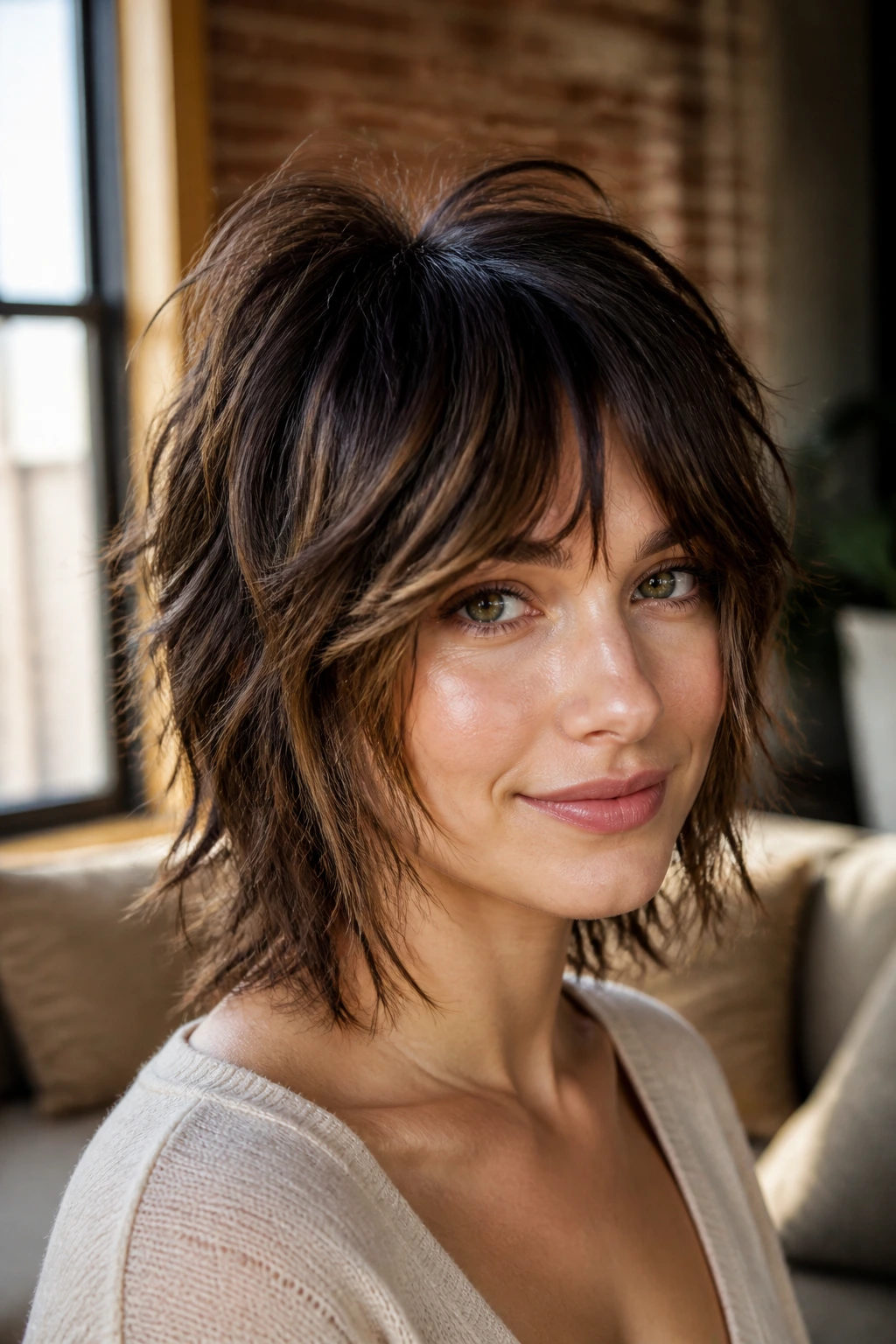 Close-up portrait of a real woman with Razored Piecey Shag, textured front pieces and face-framing layers in warm window light.