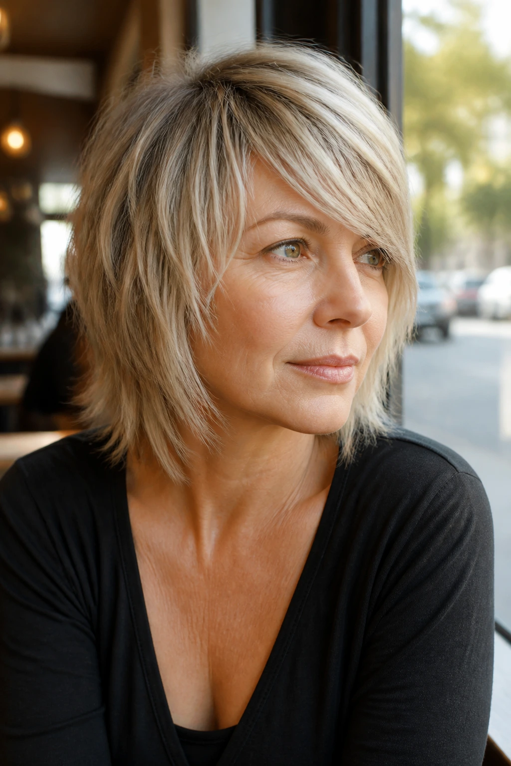 Portrait of a real woman with razored shag and long side fringe.
