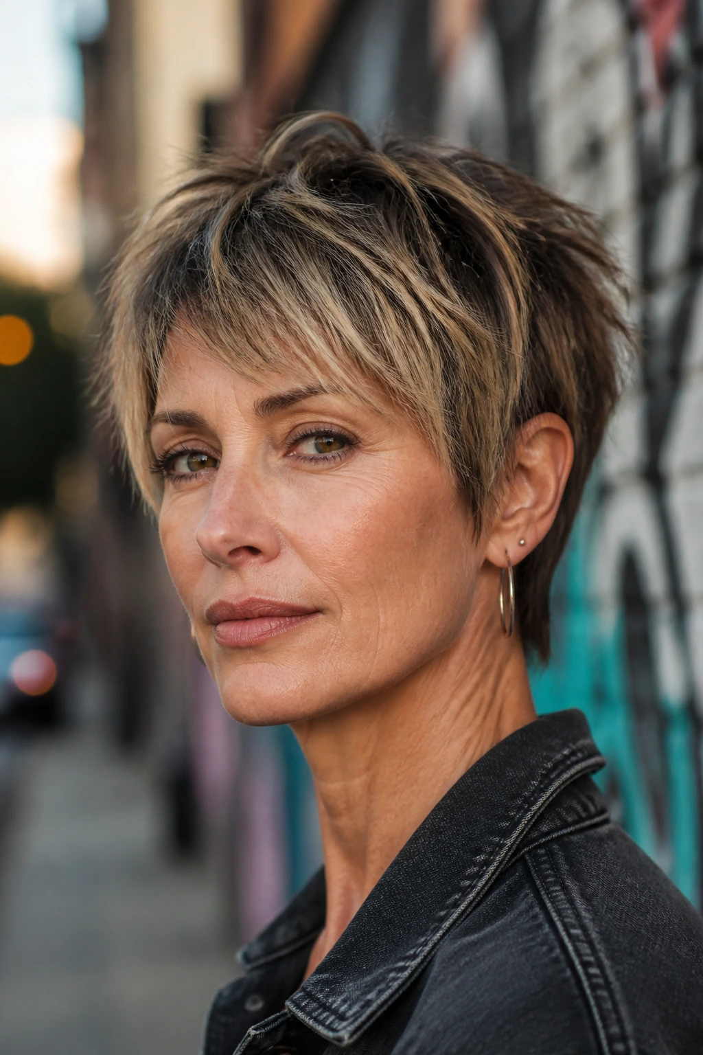 Portrait of a real woman with razored shag pixie texture