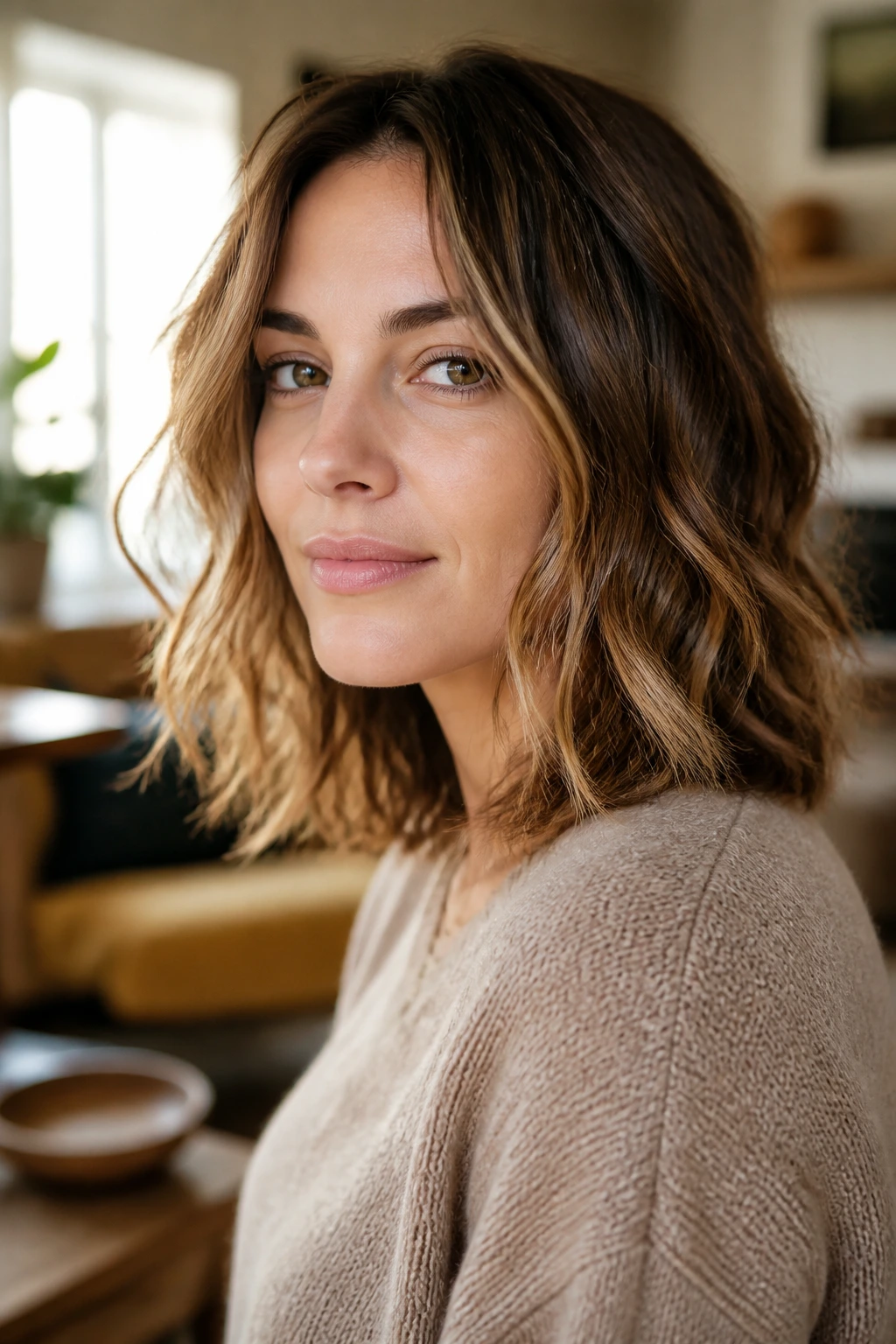 Real woman with shoulder-length razored layers showing textured ends