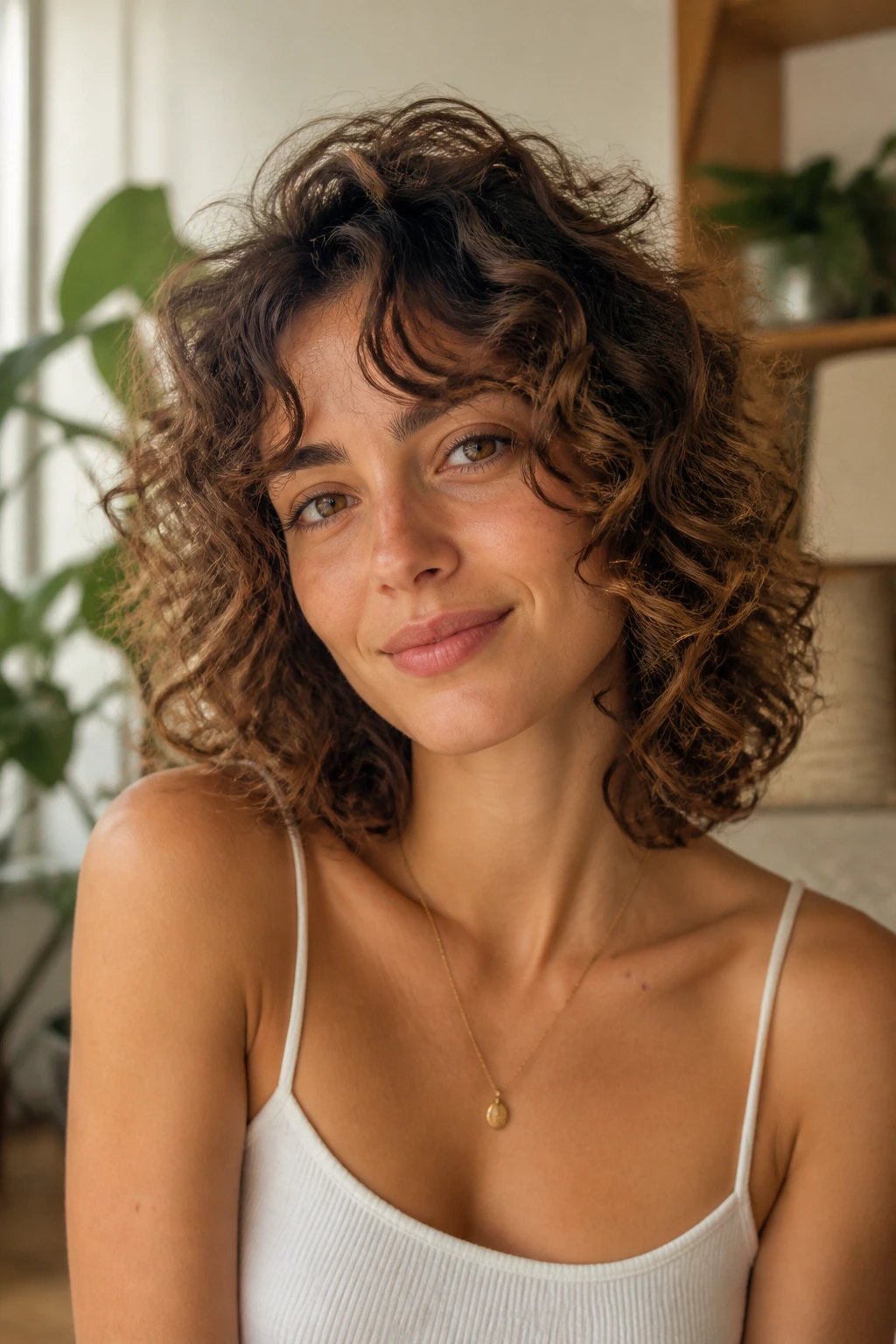 Close-up of real curls with crown lift and soft fringe on a real person