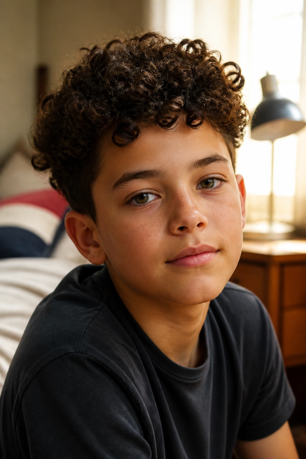 Close-up of a preteen boy's curly hair in a cozy window-lit bedroom