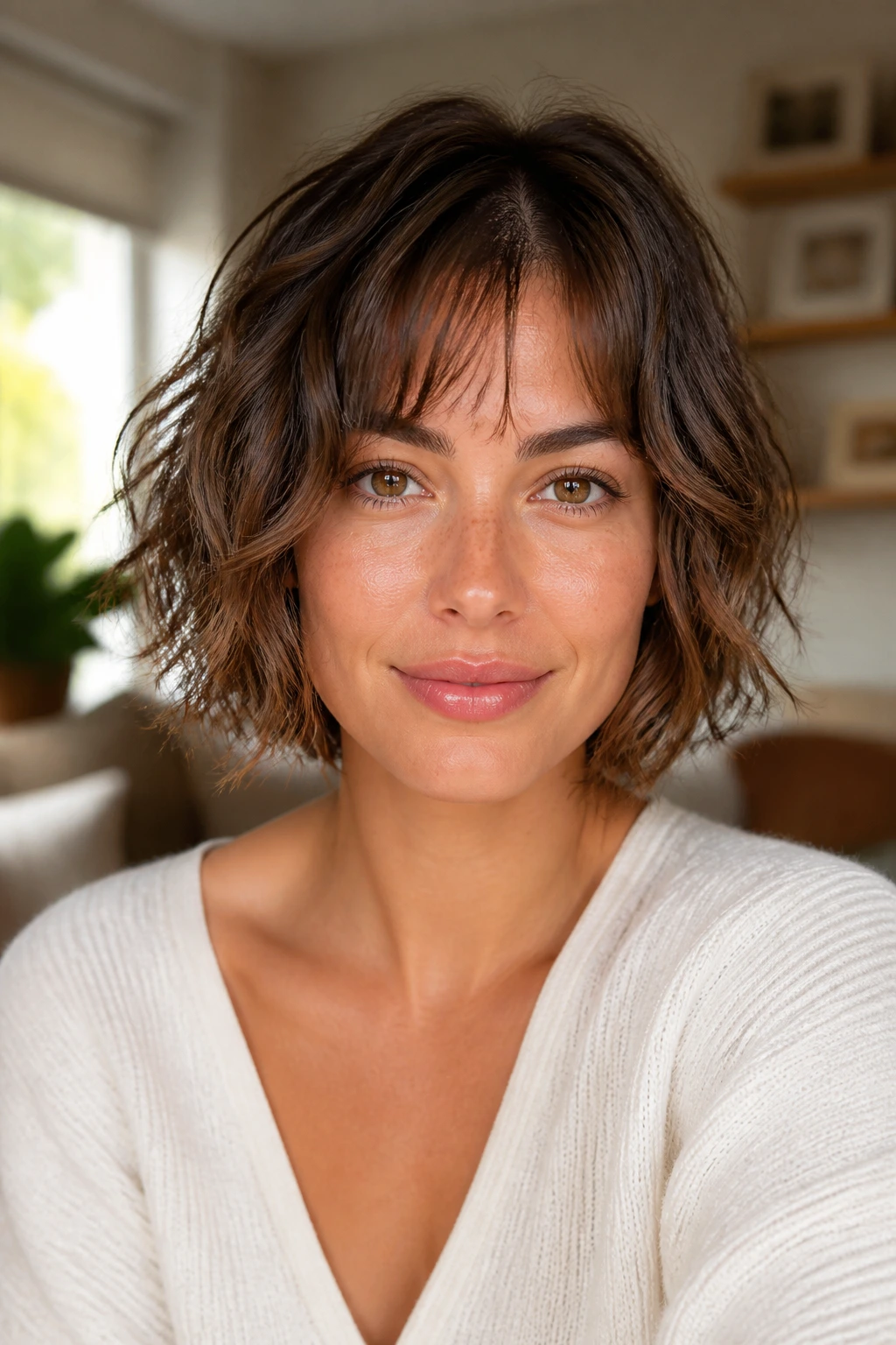 Close-up of real woman's heart-shaped face with balanced choppy haircut
