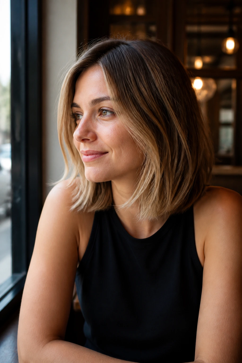 Real woman with shoulder-length bob in everyday setting