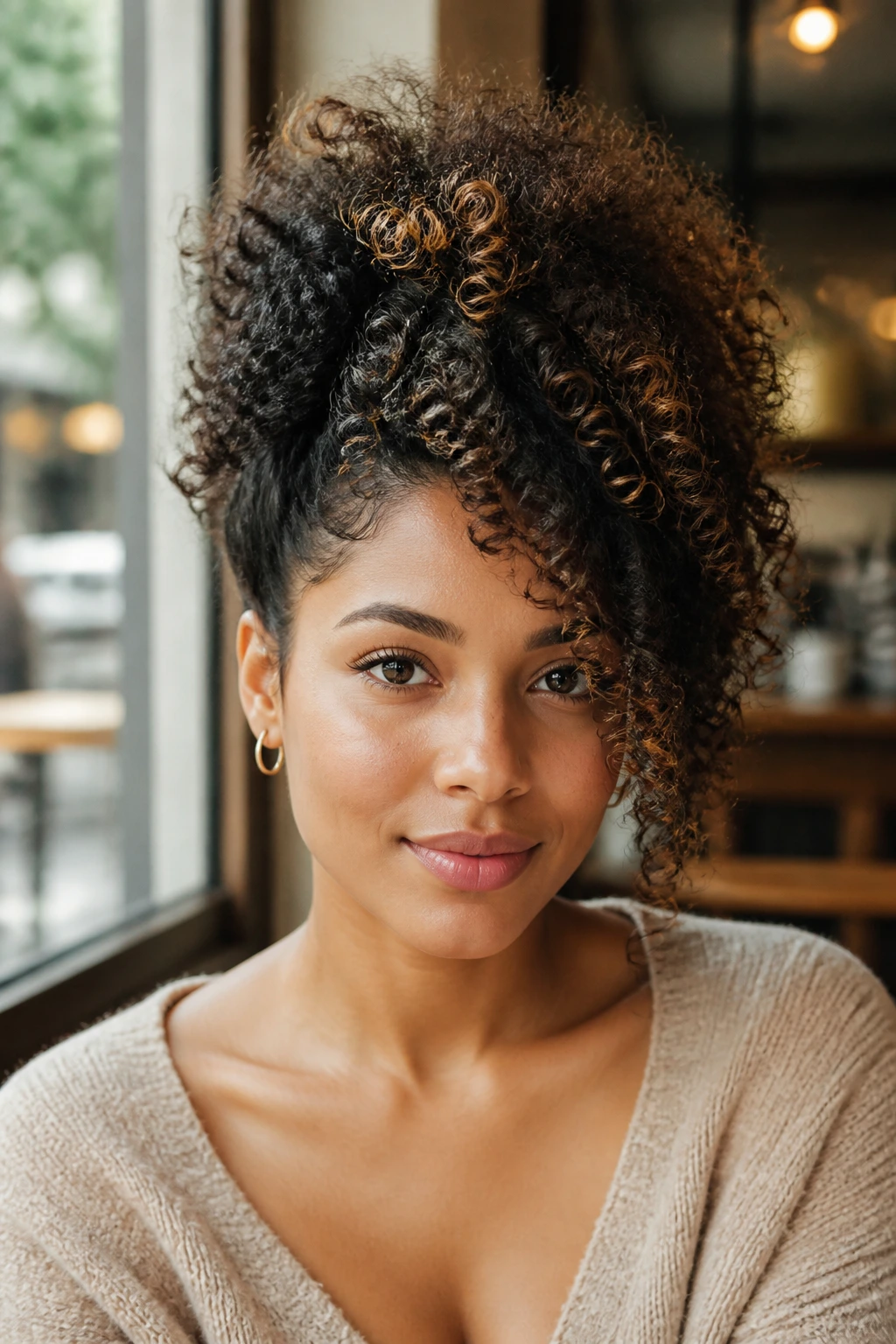 Close-up of a real woman with a high-volume curly hairstyle above the crown in a cafe setting