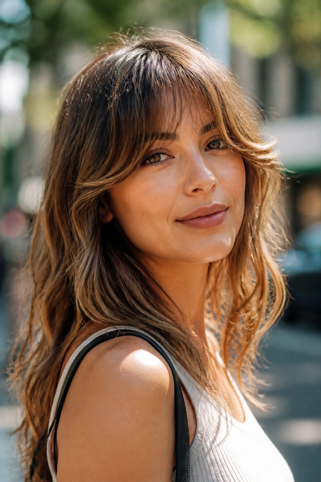 Real woman with draped bangs outdoors in humid weather