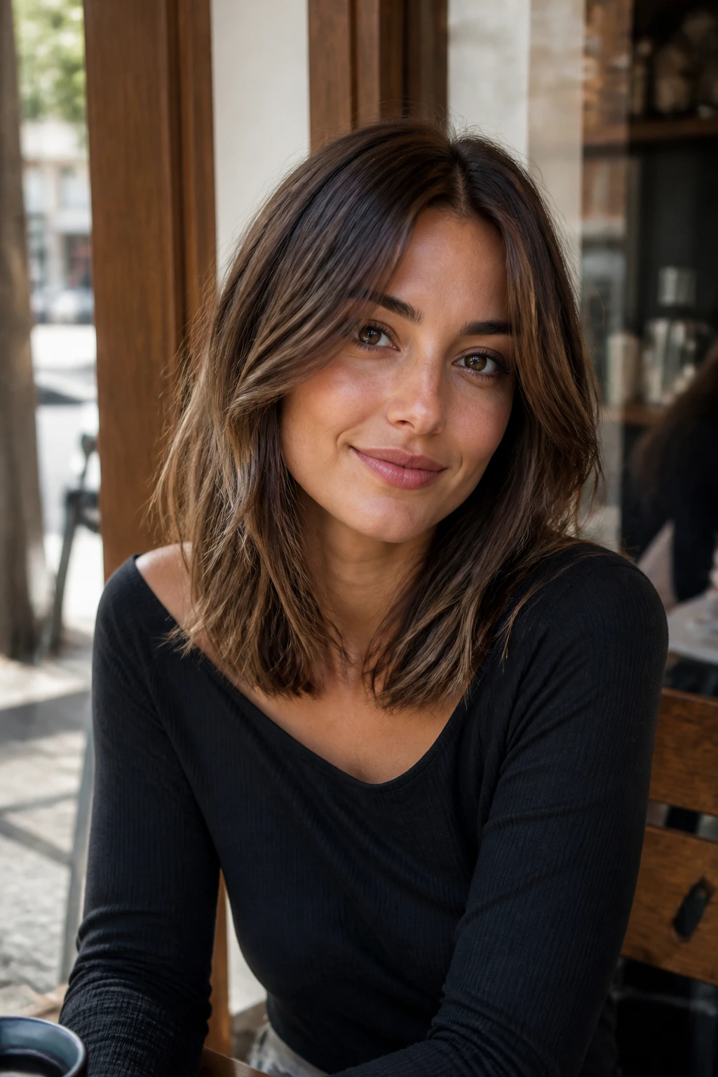 Real-life portrait of a woman wearing a shoulder-length lob with curtain bangs