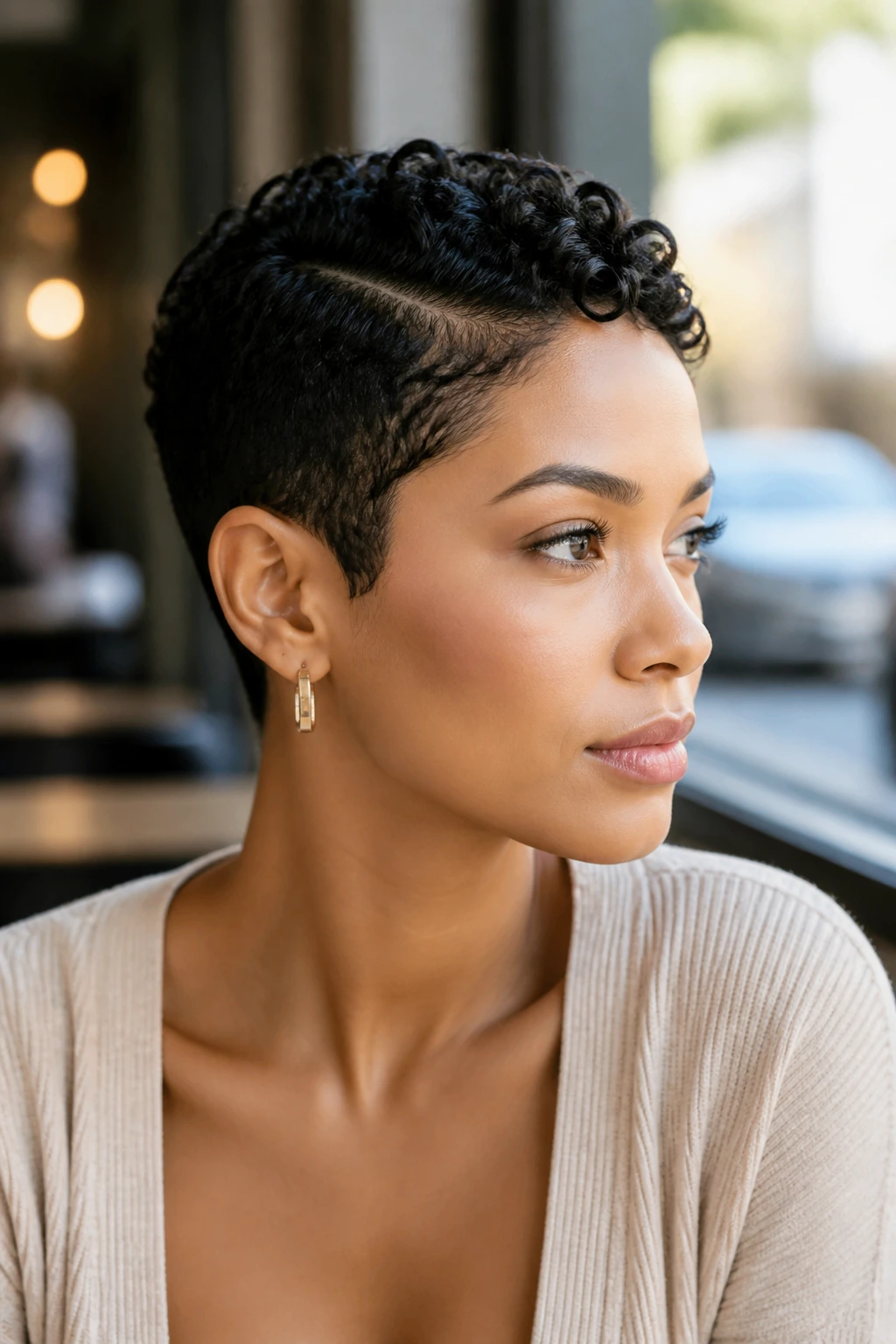 Real-life portrait of someone wearing short textured hairstyle in a cafe setting
