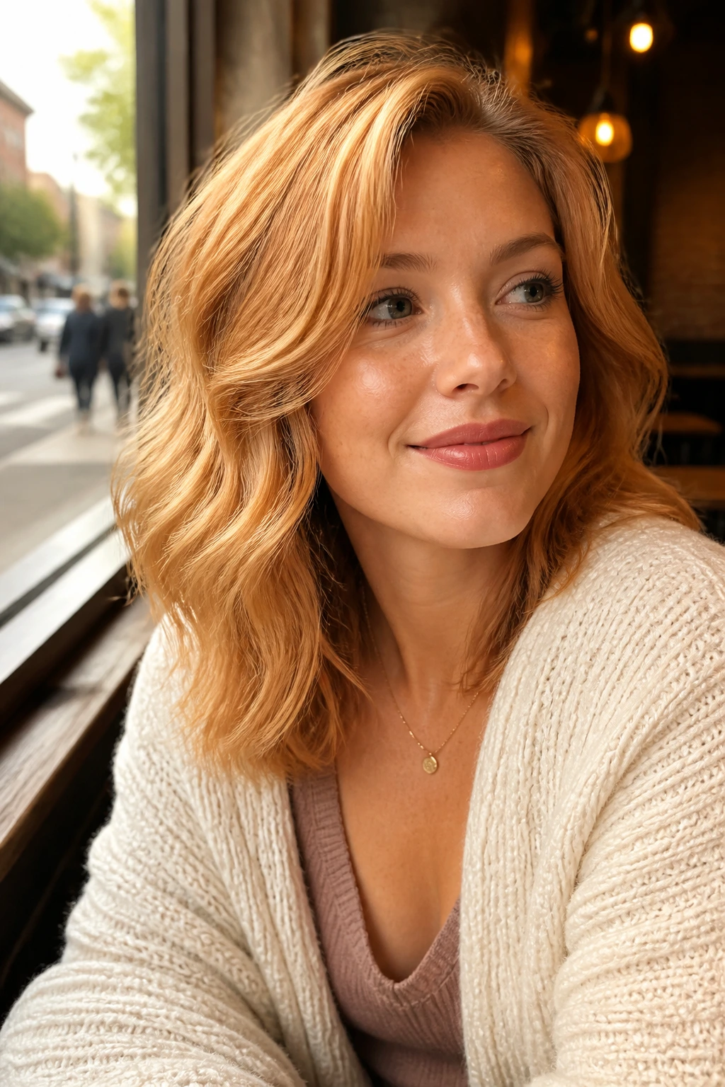 Close-up of a woman with shoulder-length strawberry blonde hair in a casual side wave in a cafe setting