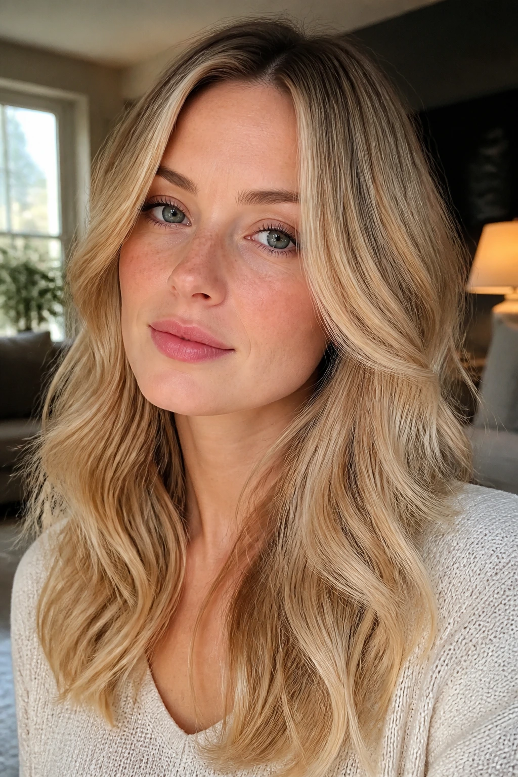 Close-up of a person with warm blonde hair under real-life lighting