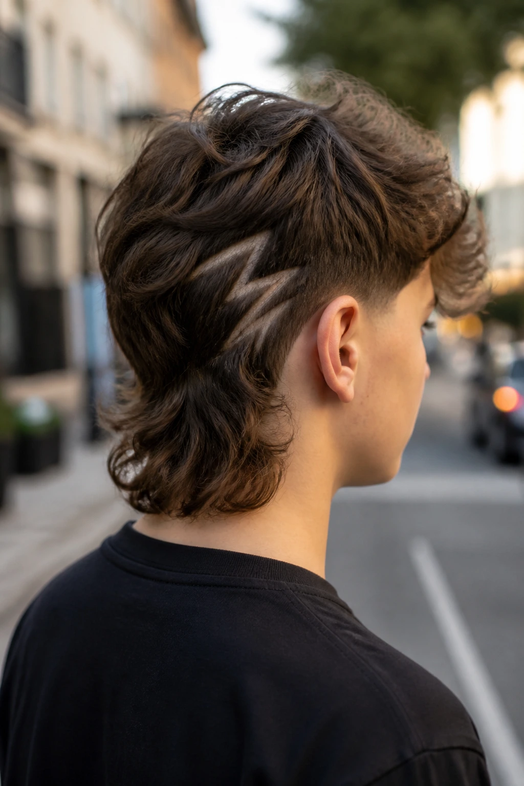 Three-quarter back view of a real boy showing a rear bolt in a wavy mullet.