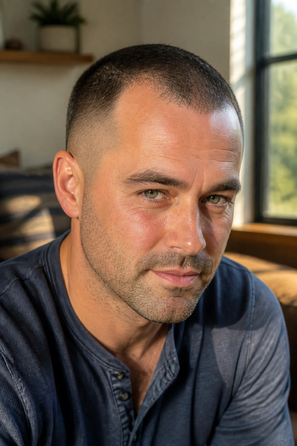 Close-up portrait showing receding hairline with soft taper