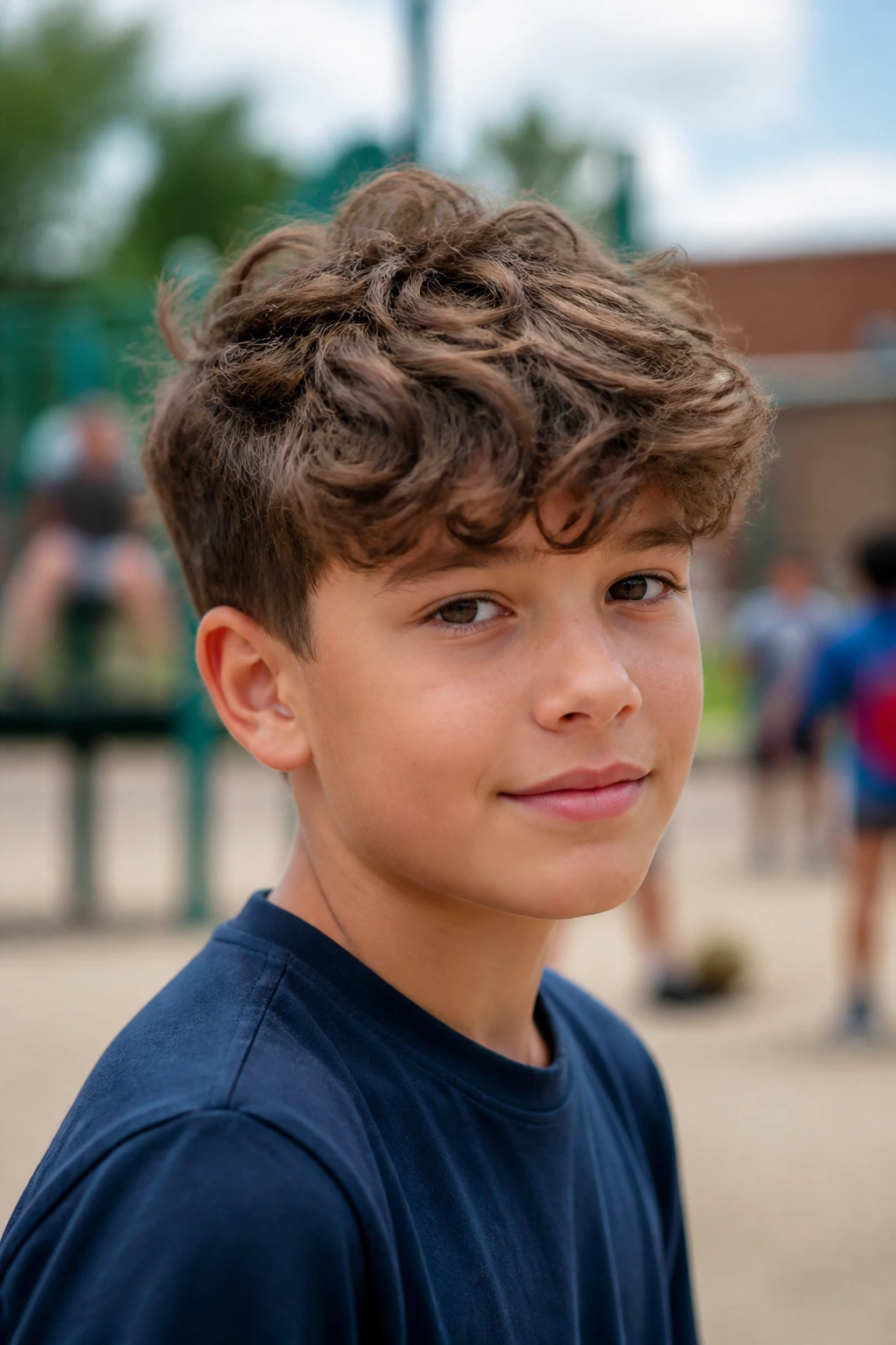 Head-and-shoulders portrait of a real boy with a recess-ready fluffy wavy cut outdoors