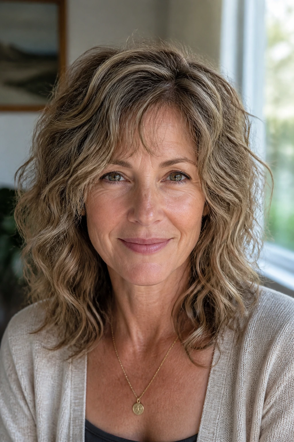 Close-up of a real person with recession-line soft shag and crown-diffused babylights