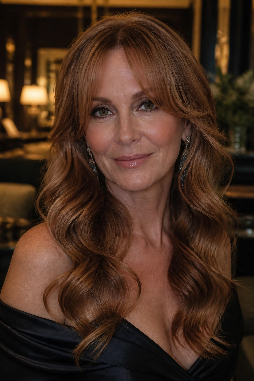 Close-up of a real woman with red-carpet S-waves and soft curtain bangs