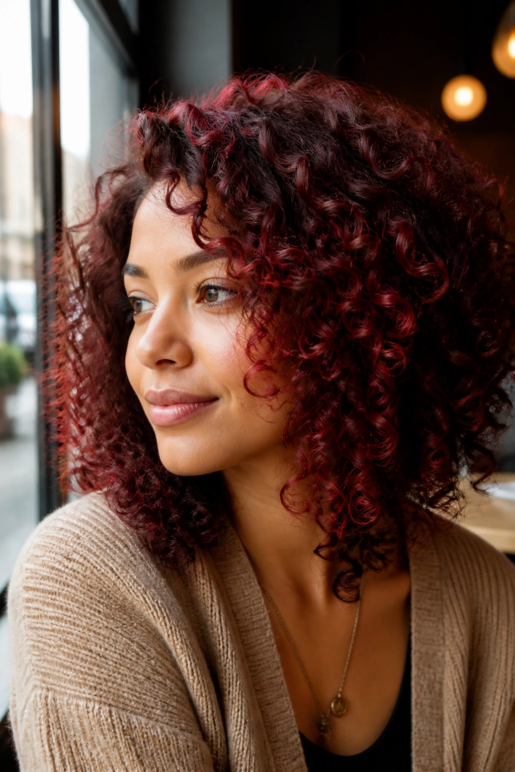 Portrait of a real person with red curls in a cafe setting, wearing everyday clothes