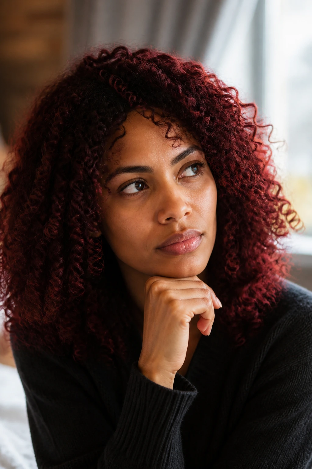 Thoughtful woman with deep red curls indoors.