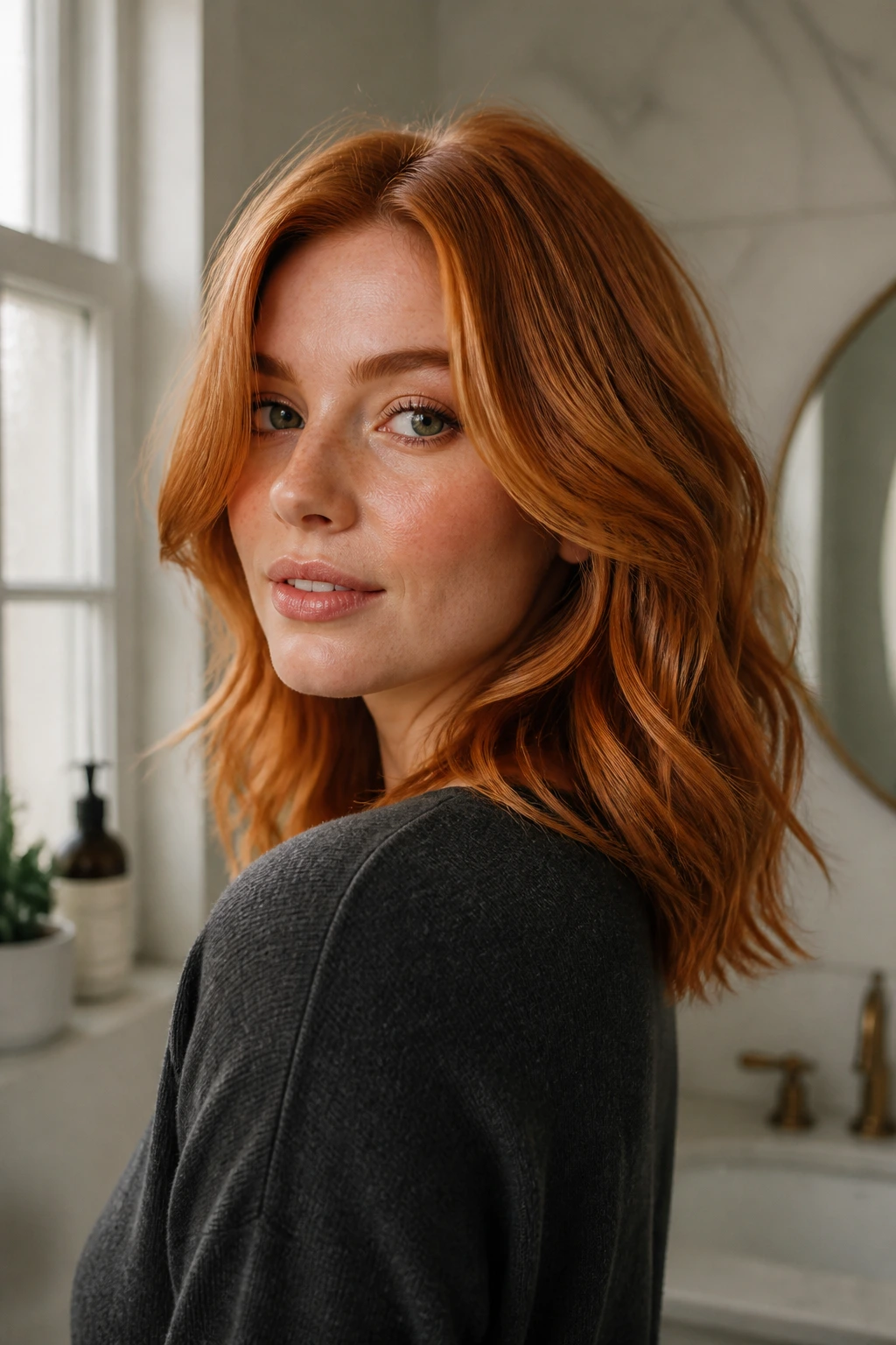 Close-up of a real woman with copper-red medium-length hair in soft waves, key color variations visible