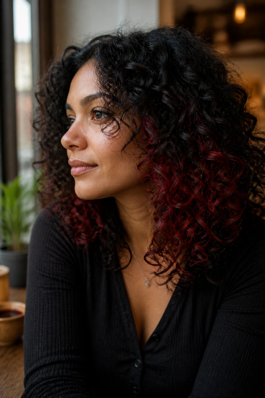 Close-up of real woman with peekaboo red highlights under curls.