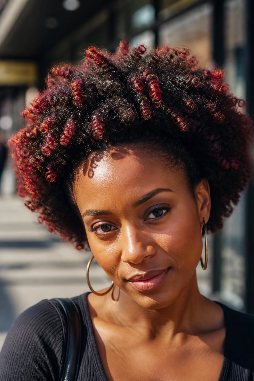 Close-up of a real person with red-tipped coils on a dark base in a coil fro