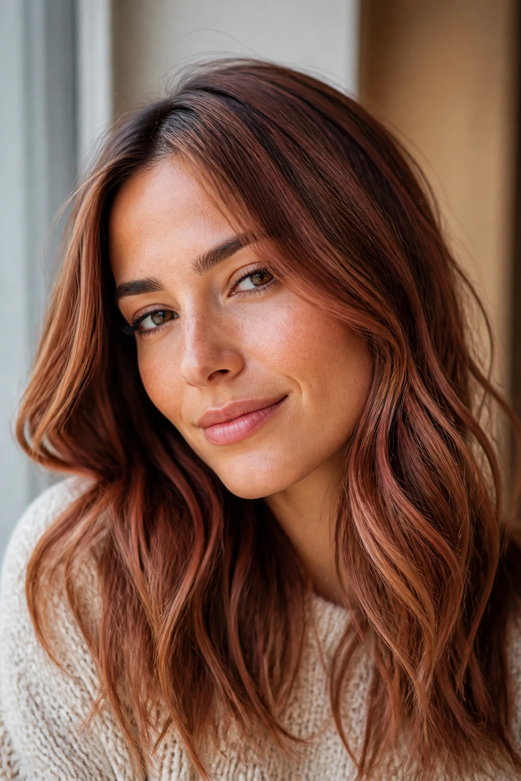 Close-up of a real woman with red velvet bronde on brunette hair in natural light