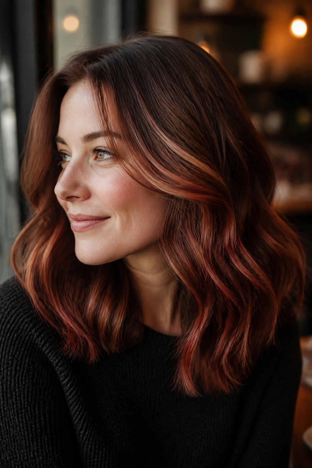 Close-up portrait of a real woman with red velvet bronde hair, dark brown base with red velvet highlights, glossy finish.