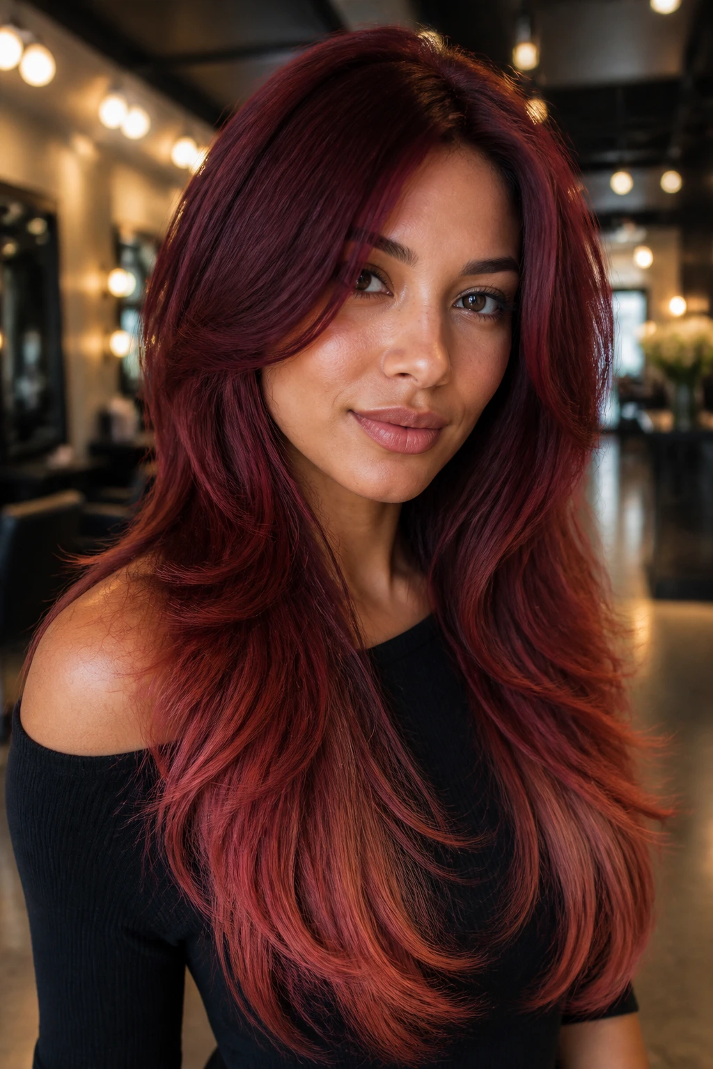 Close-up of a real woman with red velvet strawberry hair in long layered style in a warm salon.