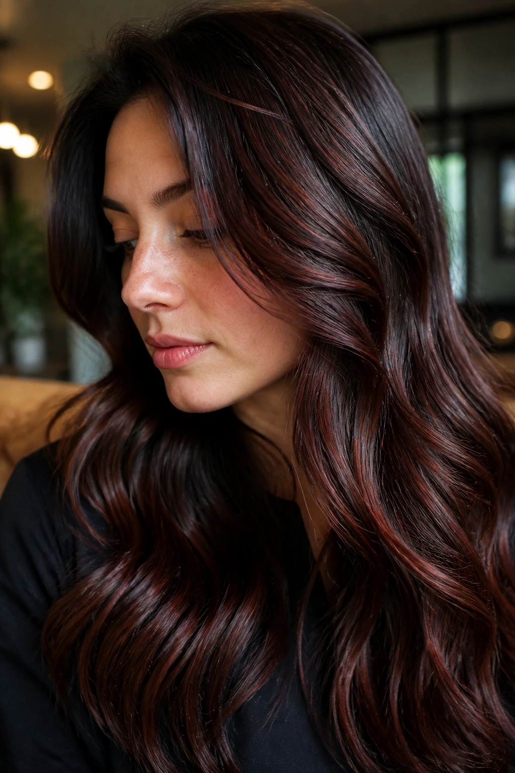 Close-up portrait of a real woman with red velvet veils in brunette hair under warm indoor light