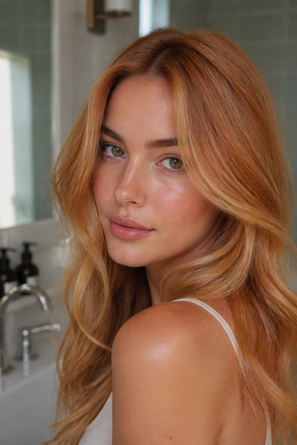 Portrait of a real person with glossy reddish-blonde hair in a bathroom setting
