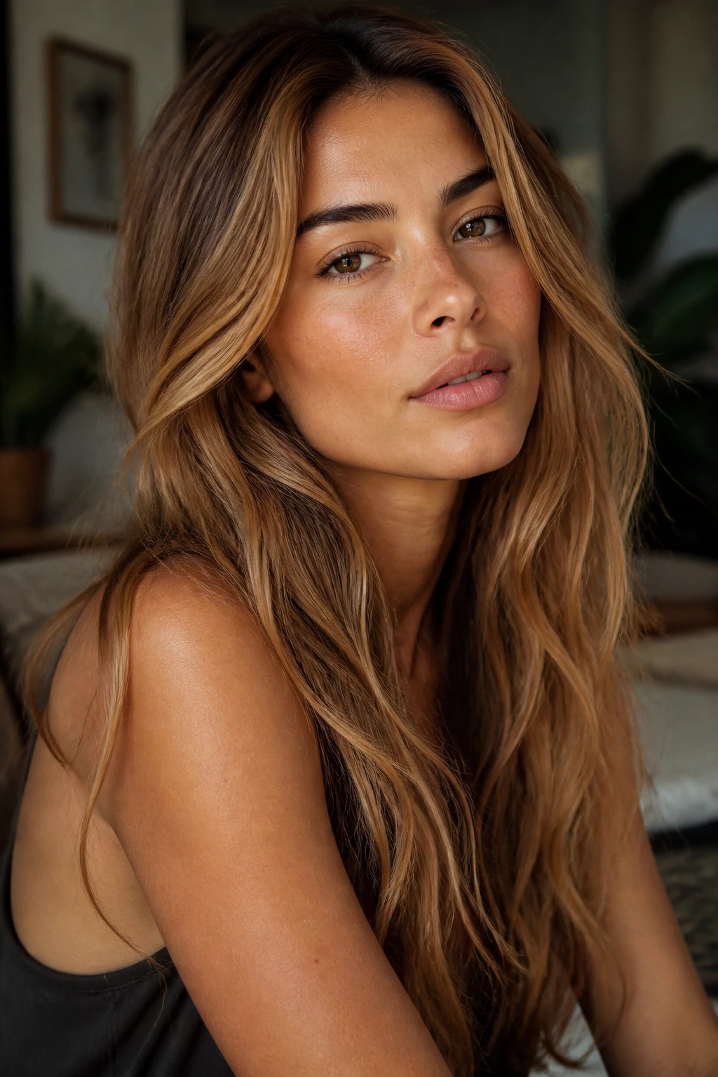 Close-up portrait of a woman with reddish-blonde hair on olive skin in soft window light