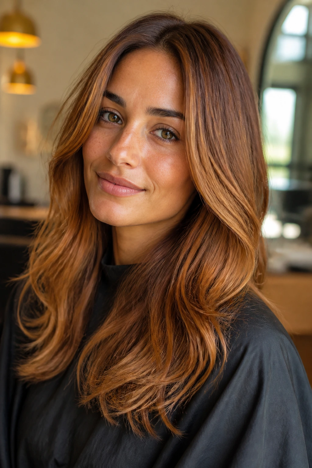 Portrait of a real person with reddish blonde hair suited to olive undertones in a warm salon setting