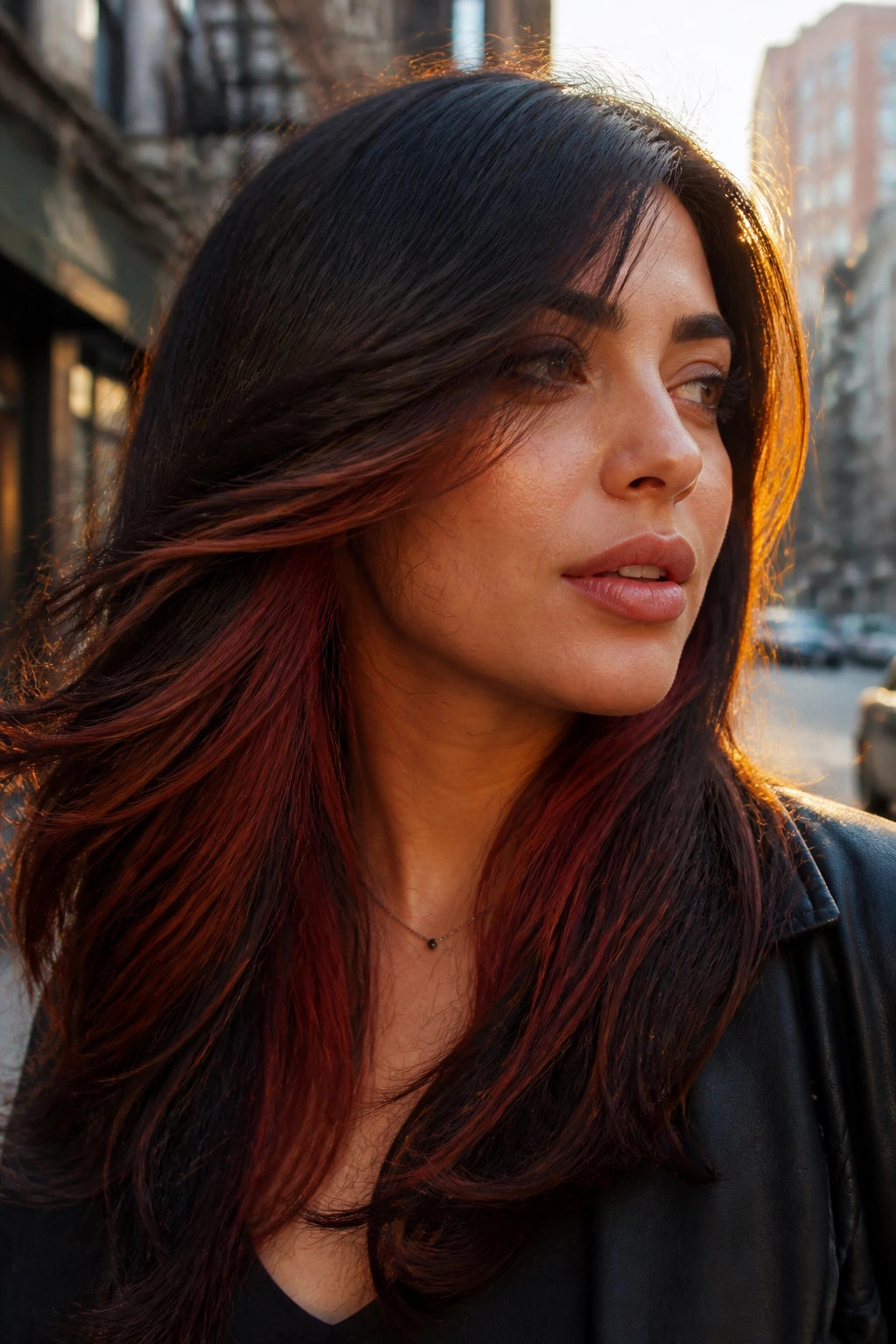Close-up portrait of a real woman with redwood peekaboo panels under brunette hair