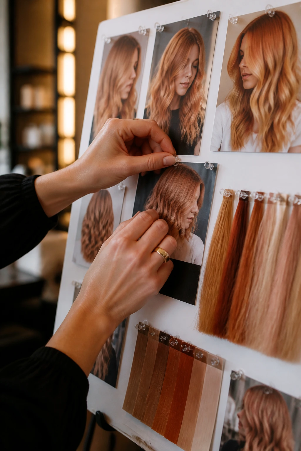 Hairstylist selecting reference photos and color swatches on a mood board.