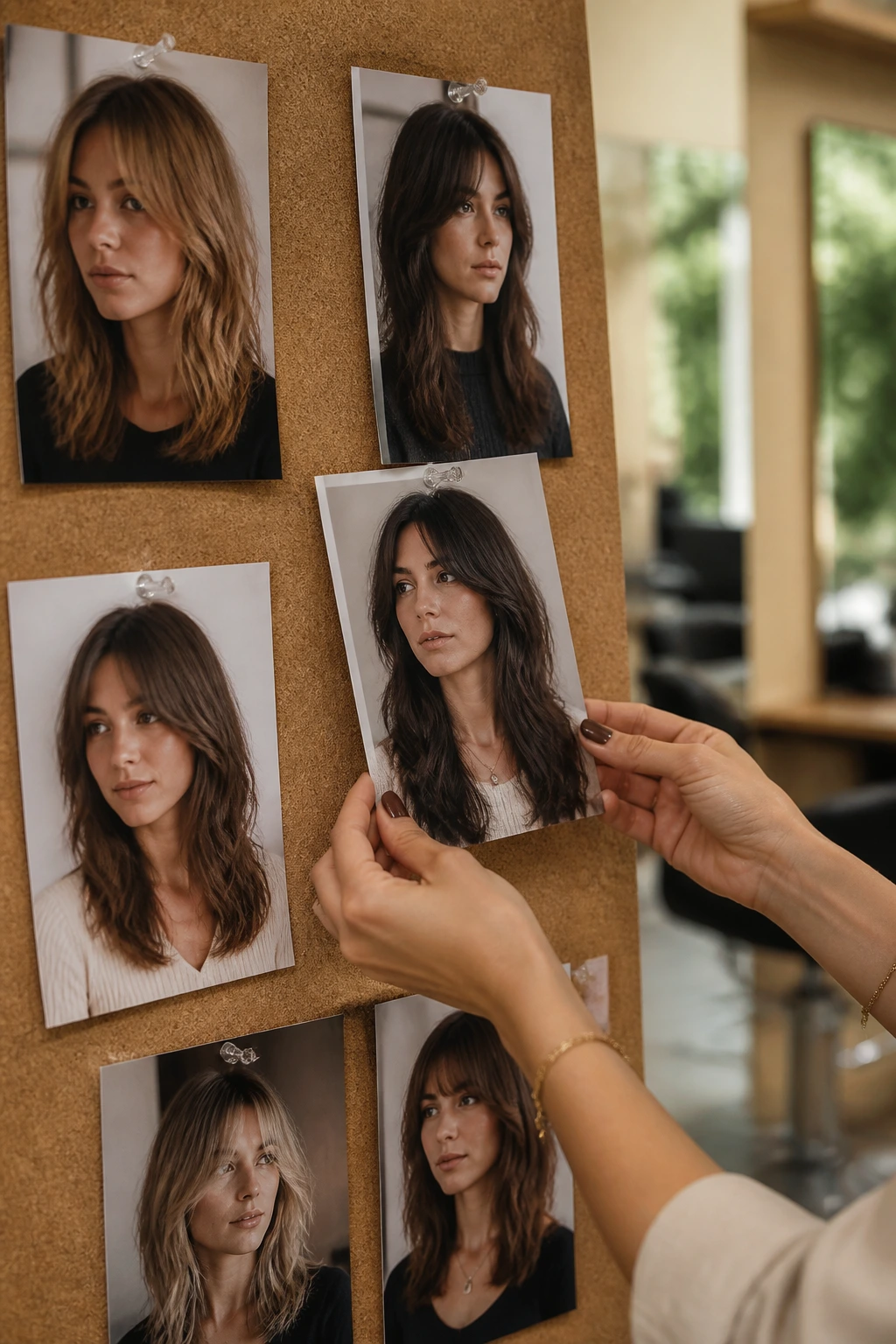Close-up of a salon mood board with soft fringe references in natural light